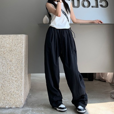 パンツ ボトムス ワイド カーゴ フルレングス ストリート ウエストゴム 伸縮性 薄手 かわいい カジュアル おしゃれ かっこいい こなれ感 ラフ メンズライク マニッシュ 20代 オルチャン 無地