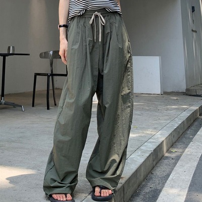 パンツ ボトムス ワイド カーゴ フルレングス ストリート ウエストゴム 伸縮性 薄手 かわいい カジュアル おしゃれ かっこいい こなれ感 ラフ メンズライク マニッシュ 20代 オルチャン 無地