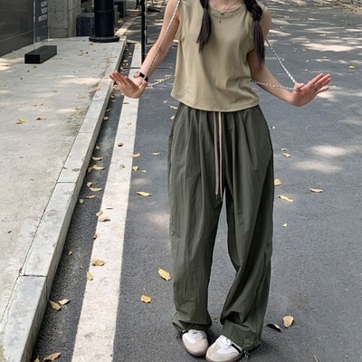 パンツ ボトムス ワイド カーゴ フルレングス ストリート ウエストゴム 伸縮性 薄手 かわいい カジュアル おしゃれ かっこいい こなれ感 ラフ メンズライク マニッシュ 20代 オルチャン 無地