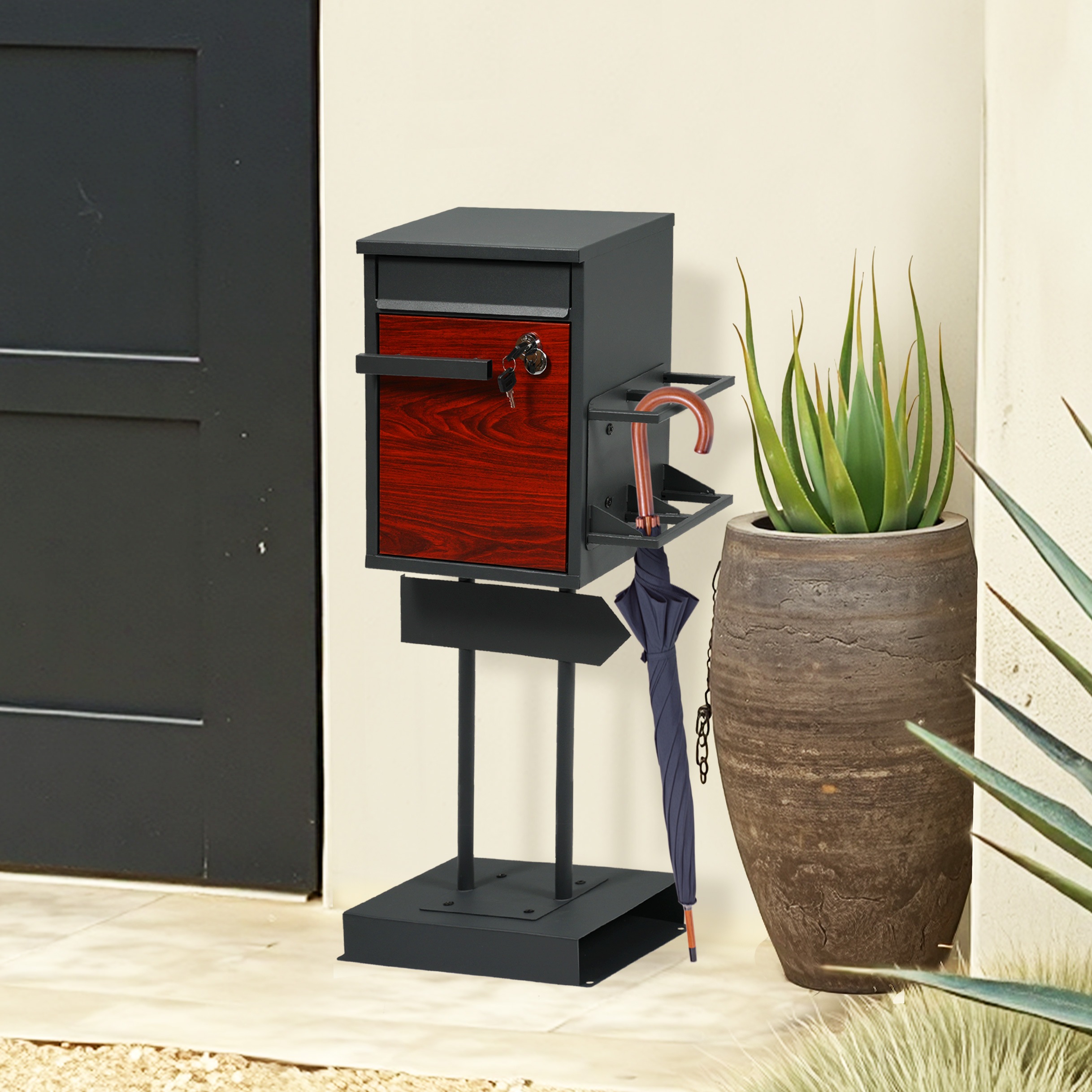 【国内出荷 - 3日配達】宅配ボックス 置き型 スタンド 投函口3つ ポスト一体型 複数投函 配達ボックス 鍵付き メ一ル便·A4対応 ポスト 北欧 一戸建て用 スタンドポスト メールボックス A4対