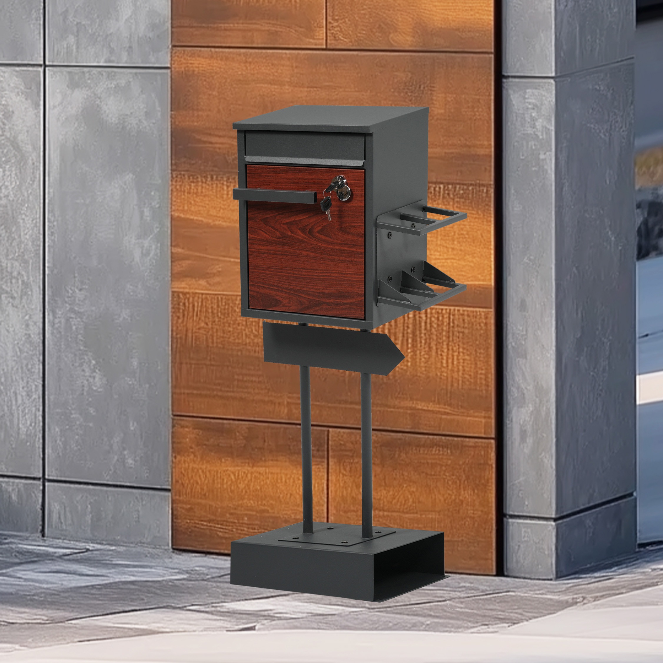 【国内出荷 - 3日配達】宅配ボックス 置き型 スタンド 投函口3つ ポスト一体型 複数投函 配達ボックス 鍵付き メ一ル便·A4対応 ポスト 北欧 一戸建て用 スタンドポスト メールボックス A4対