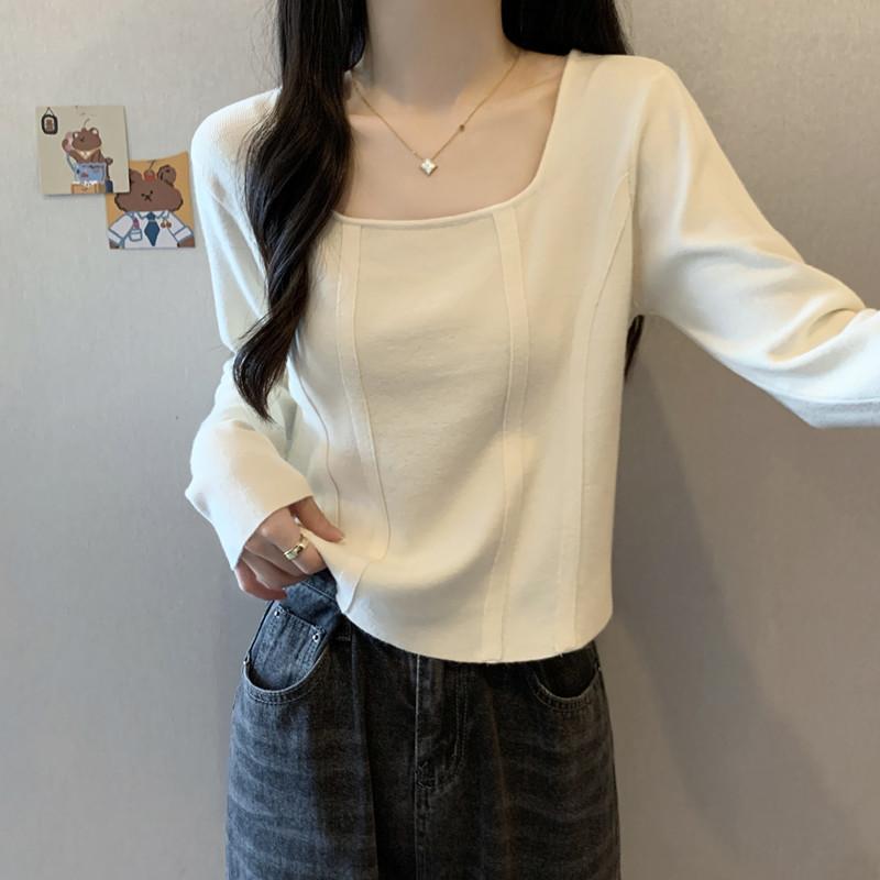 ファッション 服 オシャレ カワイイ シンプル 大カワイイ サイズ 婦服 秋 スクエアネック スリム ニット セーター カジュアル トップス