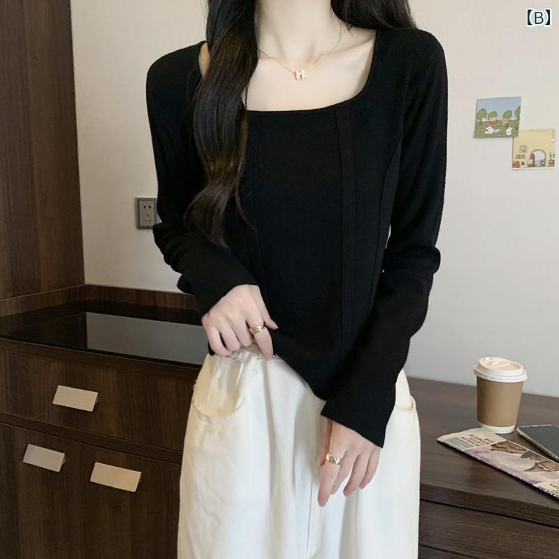 ファッション 服 オシャレ カワイイ シンプル 大カワイイ サイズ 婦服 秋 スクエアネック スリム ニット セーター カジュアル トップス