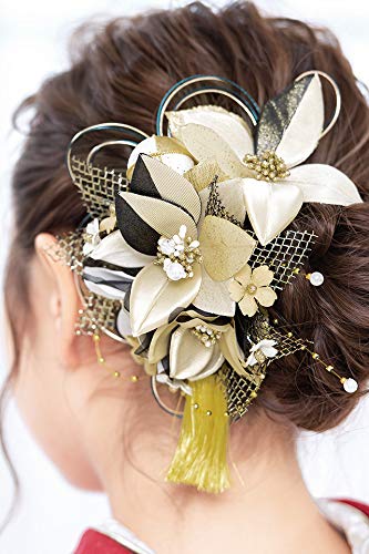 [] (ソウビエン) 髪飾り 成人式 卒業式 3点セット ゴールド 白 黒 桜 レース 玉飾り 水引 房飾り コーム式 Uピン式 日本製