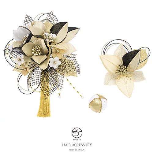 [] (ソウビエン) 髪飾り 成人式 卒業式 3点セット ゴールド 白 黒 桜 レース 玉飾り 水引 房飾り コーム式 Uピン式 日本製