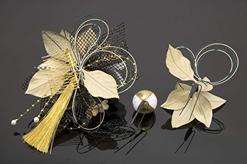 [] (ソウビエン) 髪飾り 成人式 卒業式 3点セット ゴールド 白 黒 桜 レース 玉飾り 水引 房飾り コーム式 Uピン式 日本製