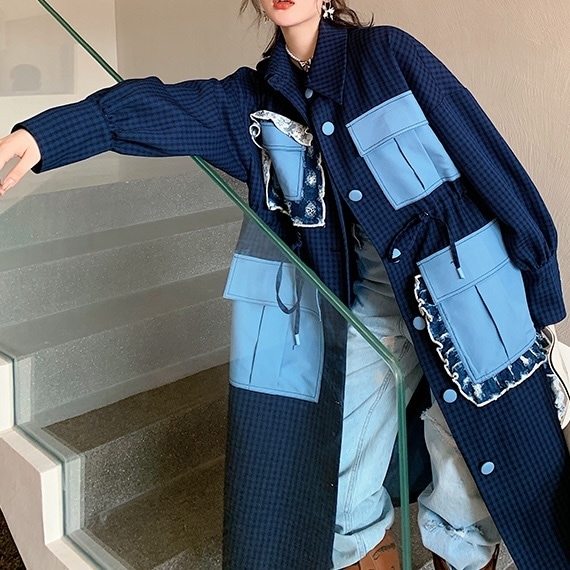 個性的 デザインビッグポケット レディース コート ロングコート ミディアム丈 長袖 襟付き 角襟 ボタンダウン ストレート レース フリル ポケット 綿 かわいい シンプル おしゃれ レトロ 主役級