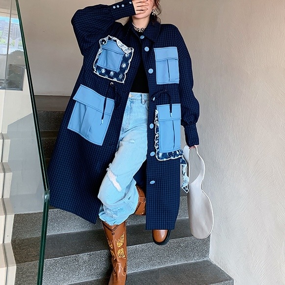 個性的 デザインビッグポケット レディース コート ロングコート ミディアム丈 長袖 襟付き 角襟 ボタンダウン ストレート レース フリル ポケット 綿 かわいい シンプル おしゃれ レトロ 主役級