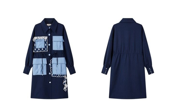 個性的 デザインビッグポケット レディース コート ロングコート ミディアム丈 長袖 襟付き 角襟 ボタンダウン ストレート レース フリル ポケット 綿 かわいい シンプル おしゃれ レトロ 主役級