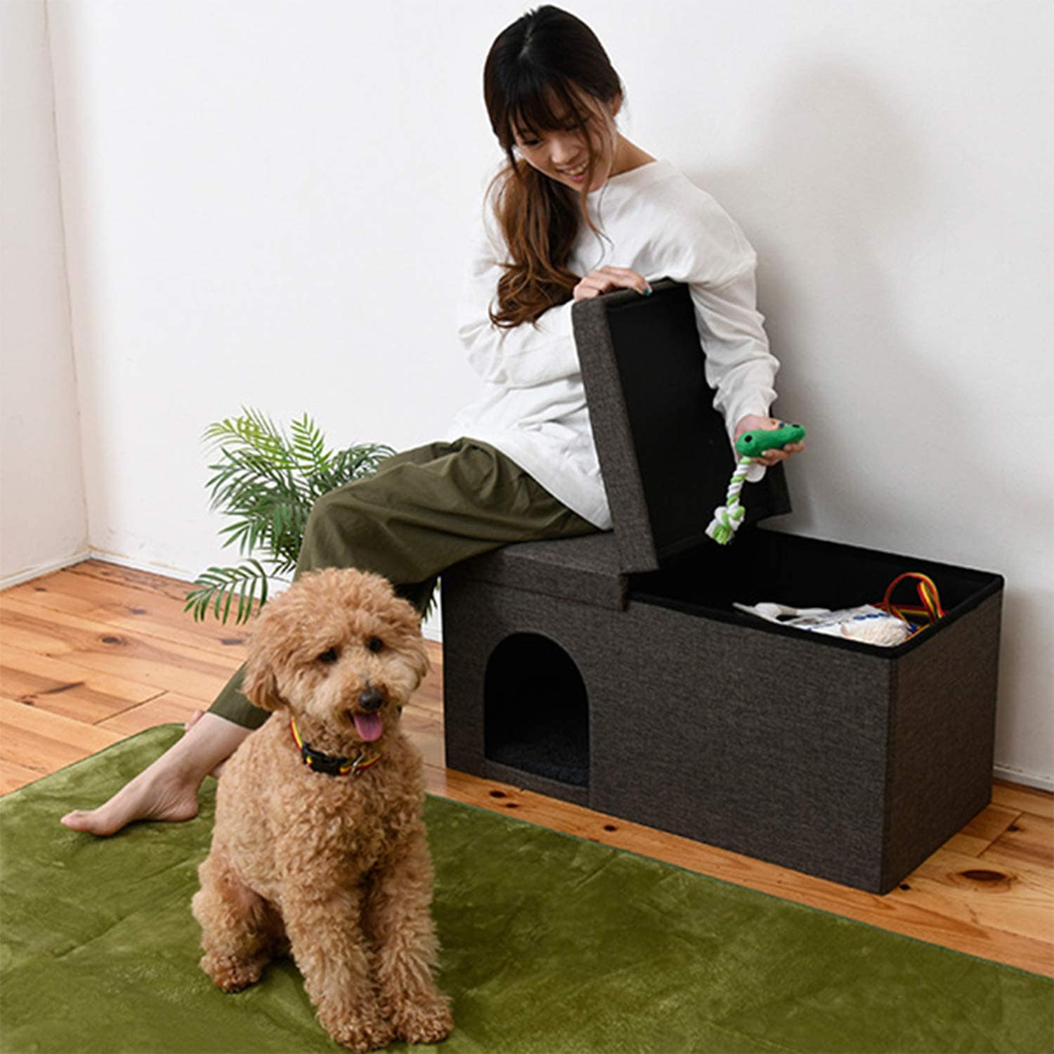 山善 ペットハウス 収納スツール ブラウン 76×38cm
