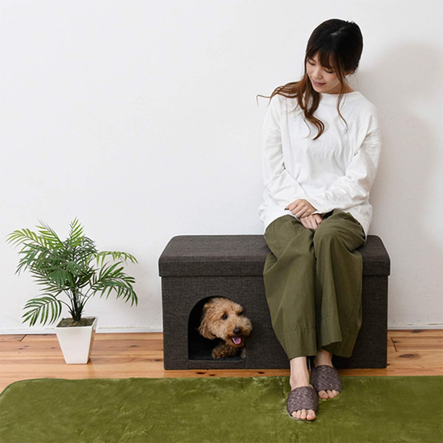 山善 ペットハウス 収納スツール ブラウン 76×38cm