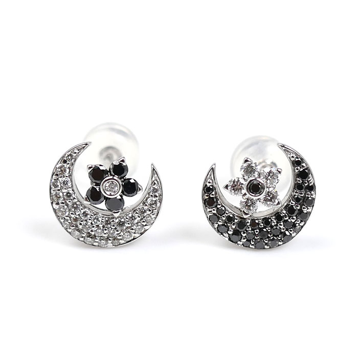 Ponte Vecchio ポンテヴェキオ K18WG ホワイトゴールド ピアス ブラックダイヤモンド0.23ct ダイヤモンド0.21ct 2.4g スター/ムーン レディース 中古 美品