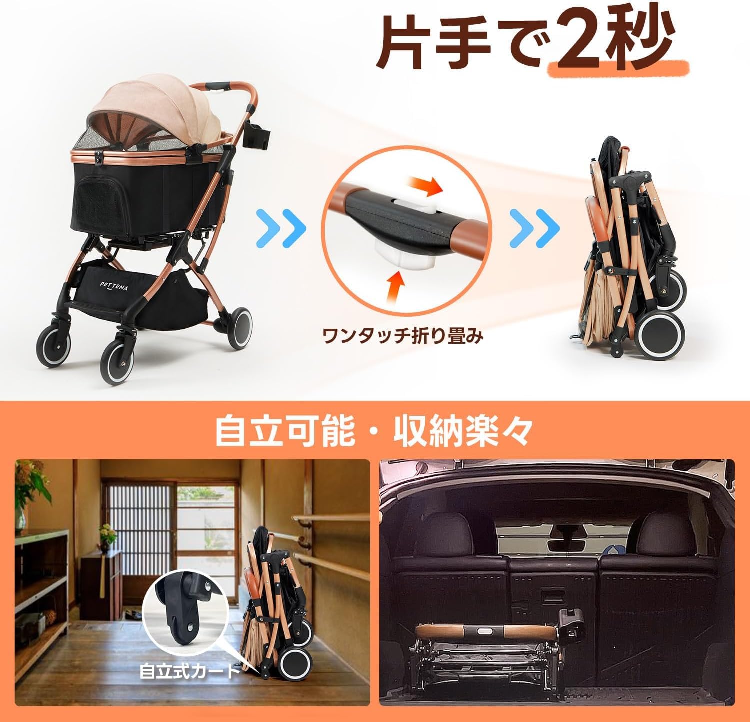 PETTENA ペットカート 分離型 耐荷重20KG 広い空間 自立可能 ワンタッチ折畳 軽量 使用簡単 犬用 バギー 猫 犬用カート PETTENA KNIGHT