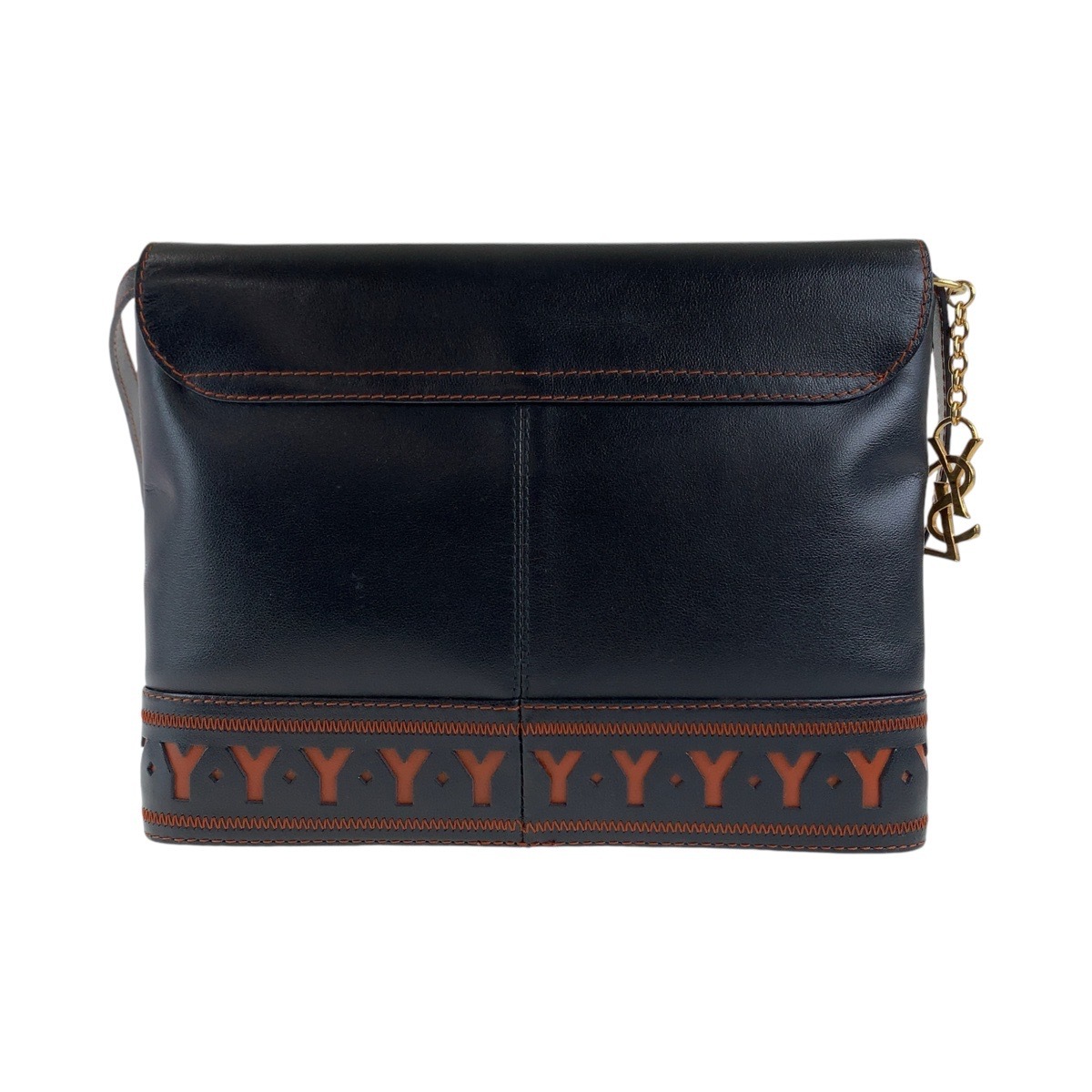 ヴィンテージ YSL Yカットアウト ブラック 黒 オレンジ ゴールド金具 レザー 斜め掛け ショルダーバッグ メッセンジャーバッグ レディース 409186
