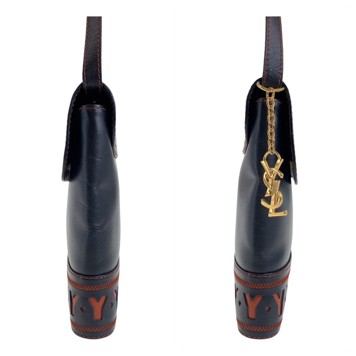 ヴィンテージ YSL Yカットアウト ブラック 黒 オレンジ ゴールド金具 レザー 斜め掛け ショルダーバッグ メッセンジャーバッグ レディース 409186