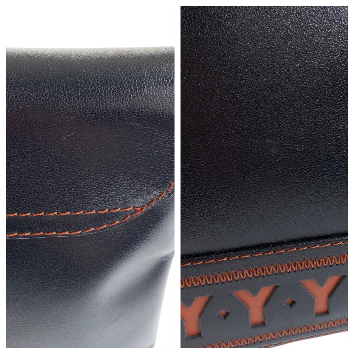 ヴィンテージ YSL Yカットアウト ブラック 黒 オレンジ ゴールド金具 レザー 斜め掛け ショルダーバッグ メッセンジャーバッグ レディース 409186