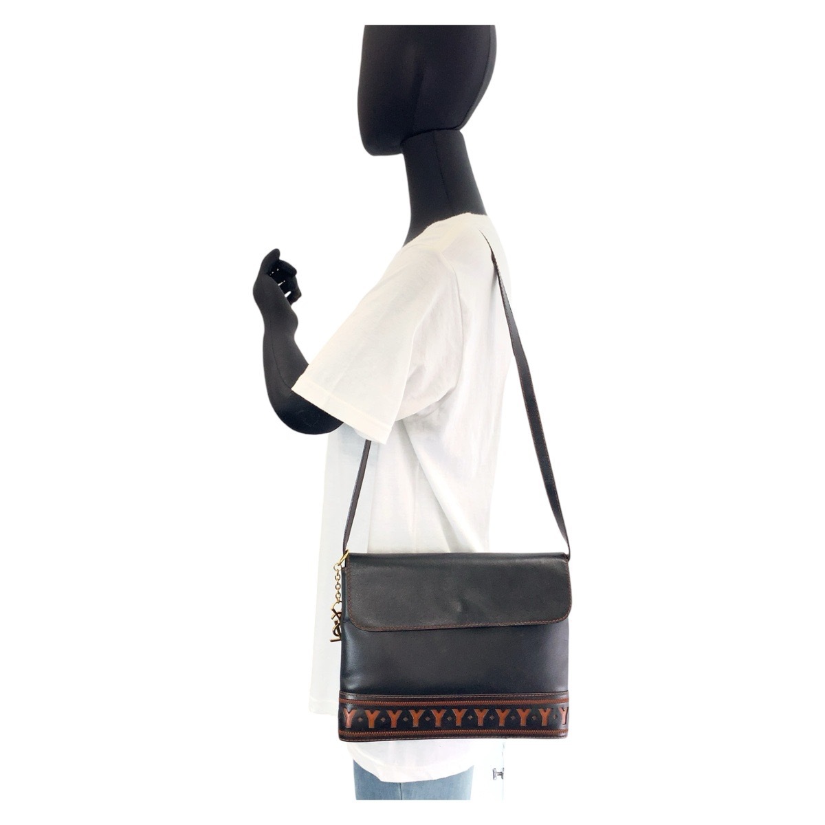 ヴィンテージ YSL Yカットアウト ブラック 黒 オレンジ ゴールド金具 レザー 斜め掛け ショルダーバッグ メッセンジャーバッグ レディース 409186