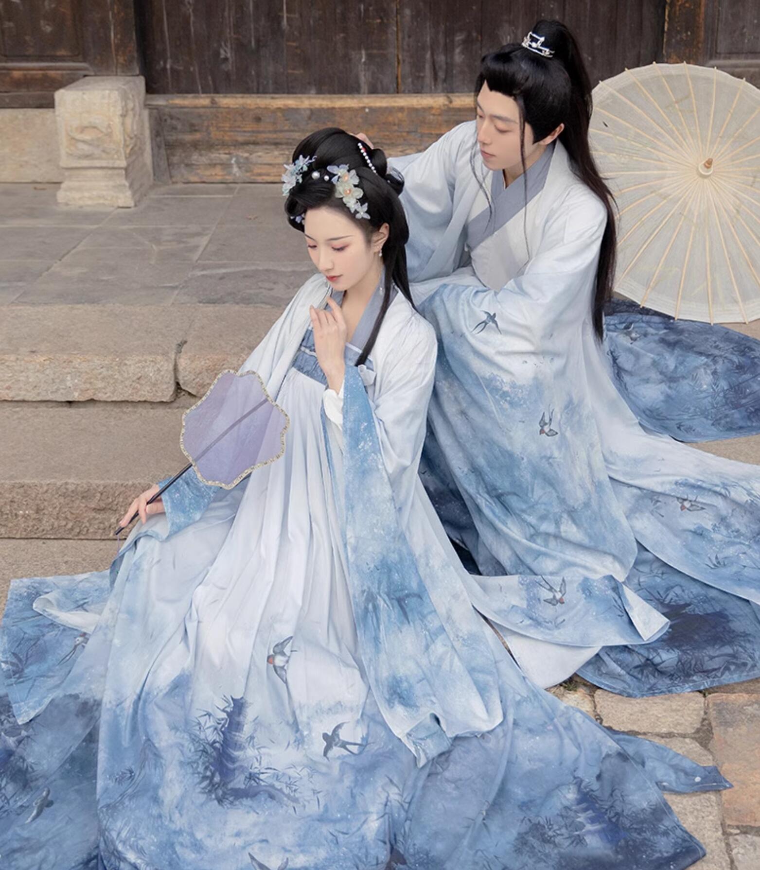 漢服 中華コスプレ 衣装 華流 ハロウィン 衣装 メンズ レディース ペアルック チャイナ服 大人 男女 中国古代服装 白系 山水画 水墨 プリント 竹 ツバメ 鳥 ナチュラル ロング丈 振り袖の羽織