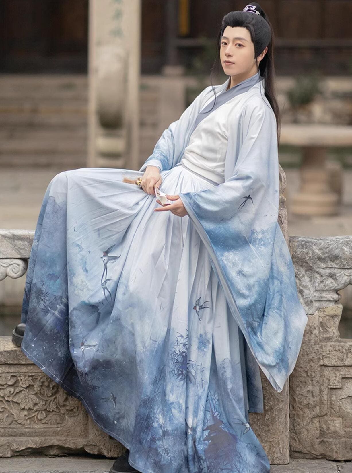 漢服 中華コスプレ 衣装 華流 ハロウィン 衣装 メンズ レディース ペアルック チャイナ服 大人 男女 中国古代服装 白系 山水画 水墨 プリント 竹 ツバメ 鳥 ナチュラル ロング丈 振り袖の羽織