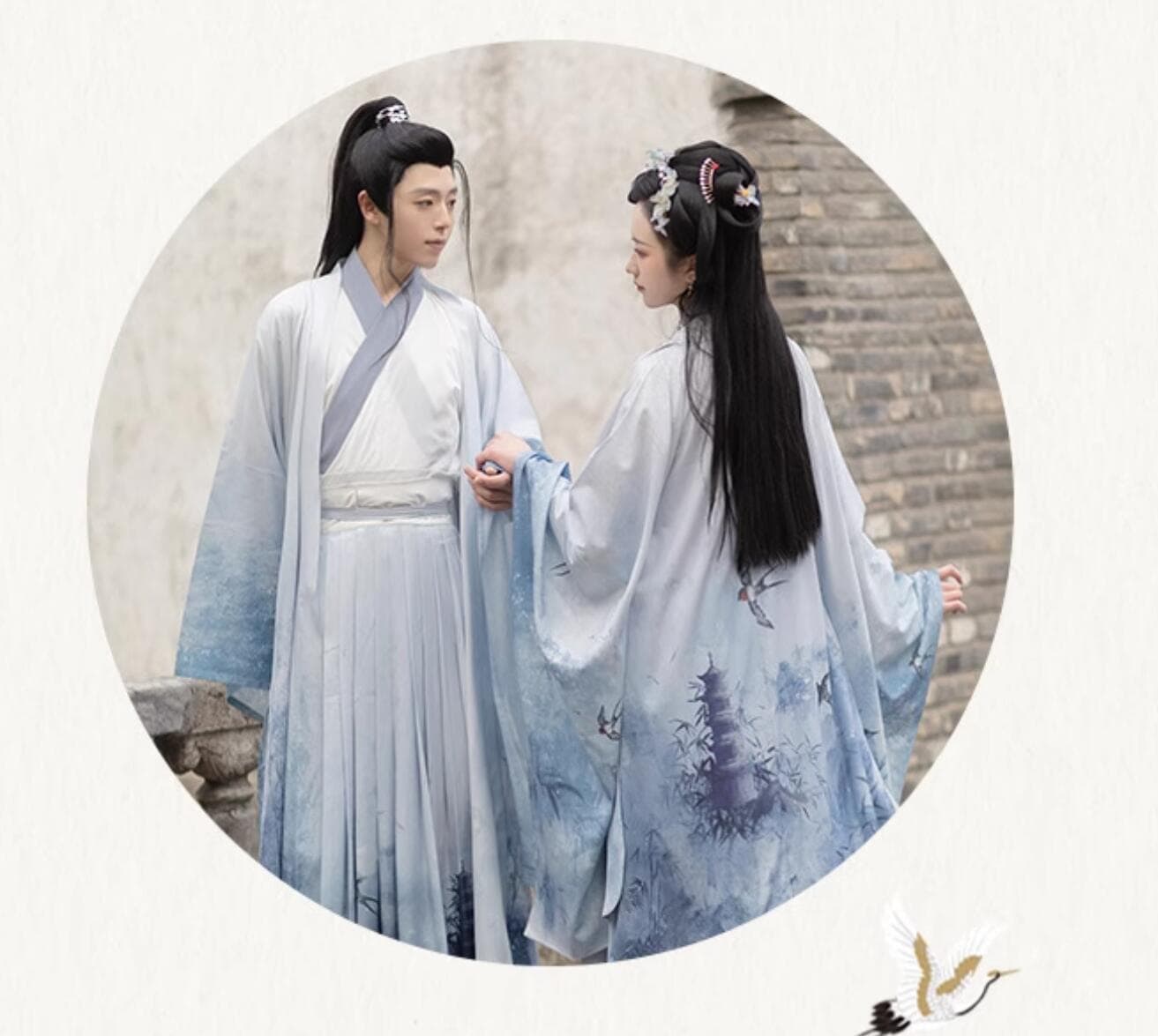 漢服 中華コスプレ 衣装 華流 ハロウィン 衣装 メンズ レディース ペアルック チャイナ服 大人 男女 中国古代服装 白系 山水画 水墨 プリント 竹 ツバメ 鳥 ナチュラル ロング丈 振り袖の羽織