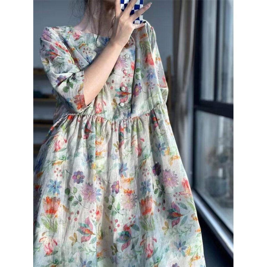 ワンピース ロングワンピース 花柄ワンピース きれいめ 春 夏 五分袖 半袖 花柄 コットンリネン 綿麻 プリント リゾートワンピース ワンピ 大きいサイズ