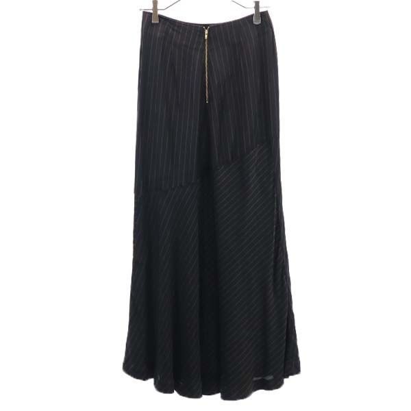 未使用 ストライプ柄 マキシ丈 フレアスカート 36 ブラック×ブラウン ペチコート付き レディース