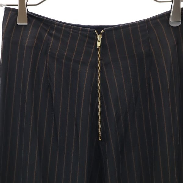 未使用 ストライプ柄 マキシ丈 フレアスカート 36 ブラック×ブラウン ペチコート付き レディース