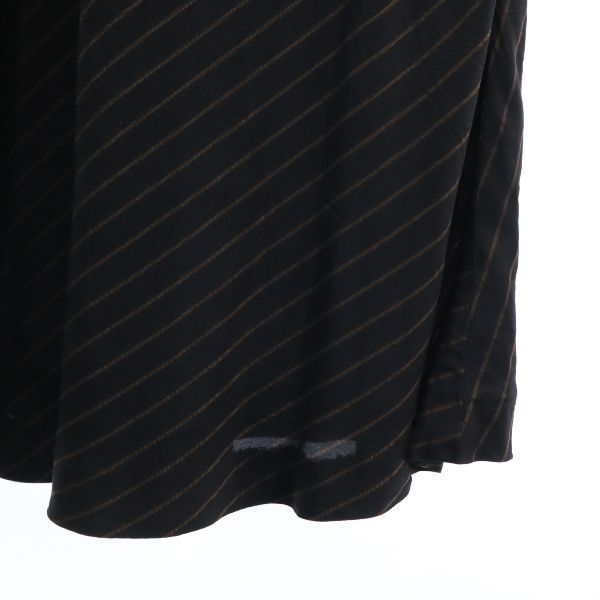 未使用 ストライプ柄 マキシ丈 フレアスカート 36 ブラック×ブラウン ペチコート付き レディース