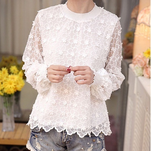 2084.ハイネック花柄レーストップス(ホワイト) 2084.ハイネック花柄レーストップス(ホワイト)