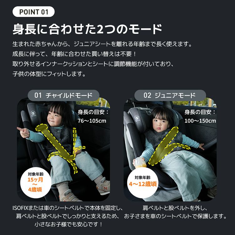 新安全基準R129適合 チャイルドシート ISOFIX 生後15ヶ月～12歳頃 76～150cm