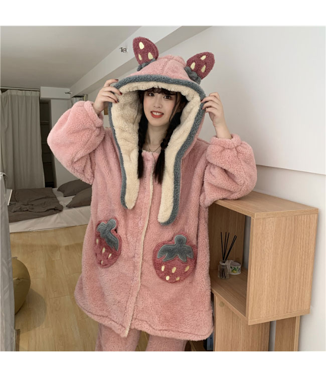 モコモコ ルームウェア ワンピース フード付 部屋着 フランネル 上下セット レディース 厚手 パジャマ フリース イチゴ柄 ナイトドレス サンゴマイヤー 冬 寝巻き ナイトウェア ピンク