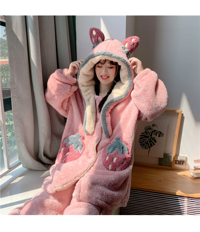 モコモコ ルームウェア ワンピース フード付 部屋着 フランネル 上下セット レディース 厚手 パジャマ フリース イチゴ柄 ナイトドレス サンゴマイヤー 冬 寝巻き ナイトウェア ピンク