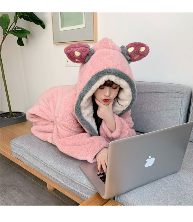 モコモコ ルームウェア ワンピース フード付 部屋着 フランネル 上下セット レディース 厚手 パジャマ フリース イチゴ柄 ナイトドレス サンゴマイヤー 冬 寝巻き ナイトウェア ピンク