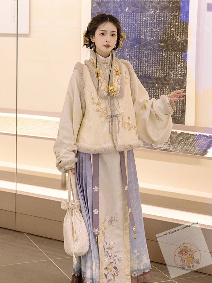 宋製漢服の女性のカーディガンの長い上着を襟にしたプリーツの日常加絨セット