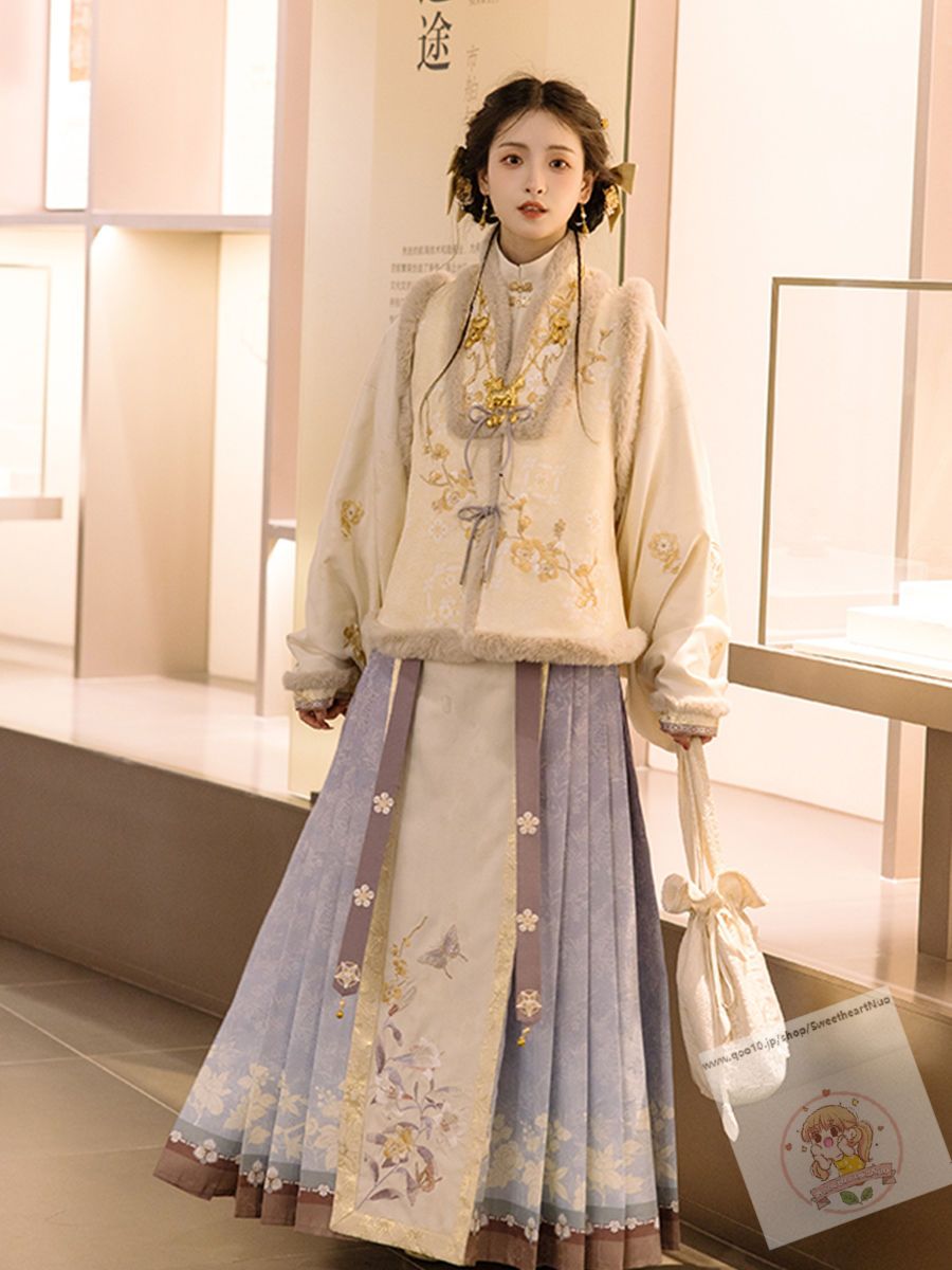 宋製漢服の女性のカーディガンの長い上着を襟にしたプリーツの日常加絨セット