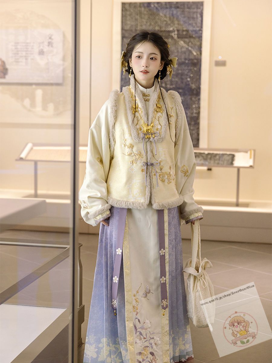 宋製漢服の女性のカーディガンの長い上着を襟にしたプリーツの日常加絨セット