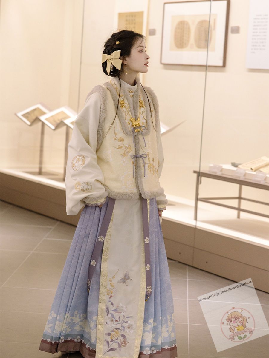 宋製漢服の女性のカーディガンの長い上着を襟にしたプリーツの日常加絨セット