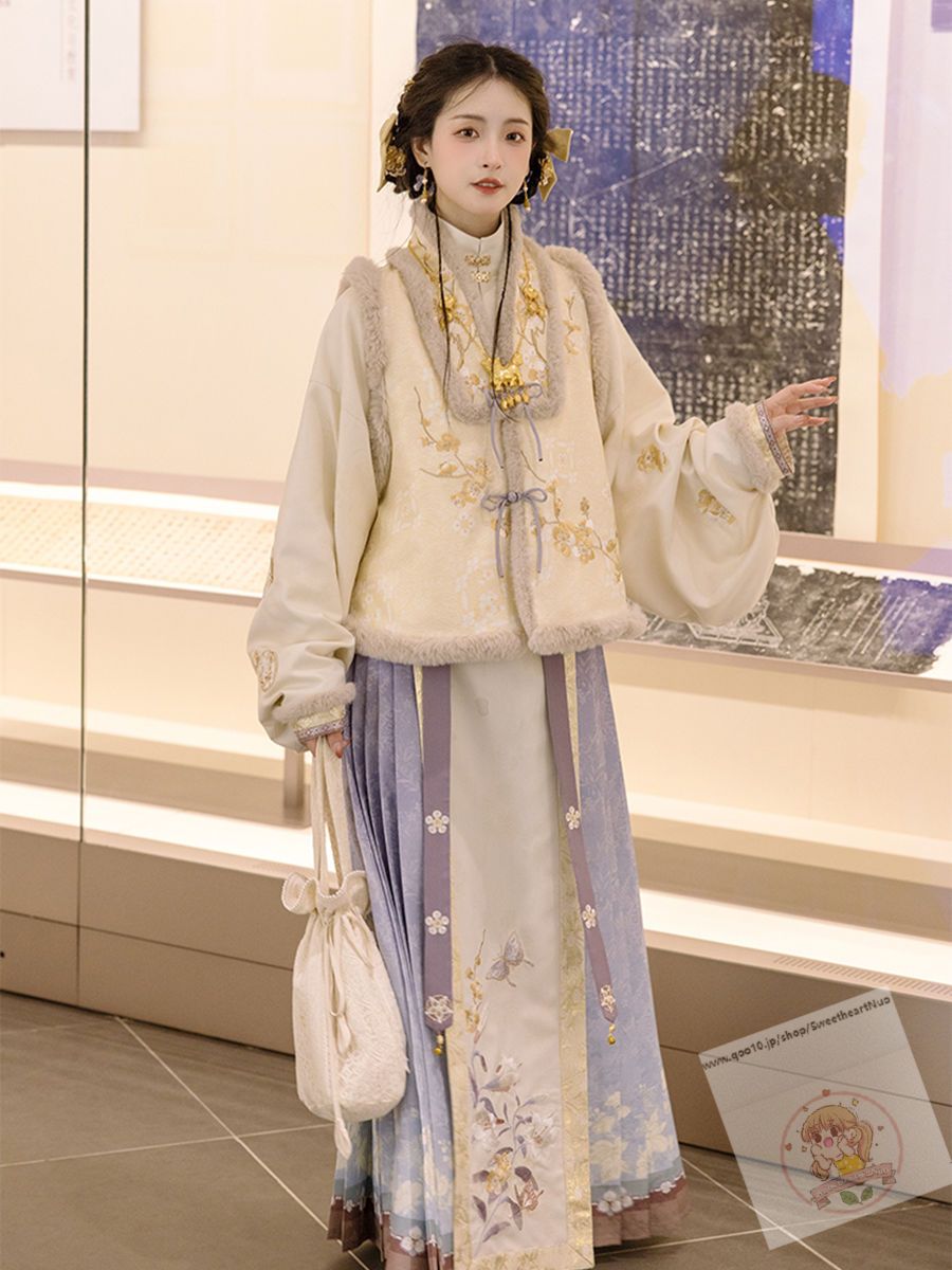 宋製漢服の女性のカーディガンの長い上着を襟にしたプリーツの日常加絨セット