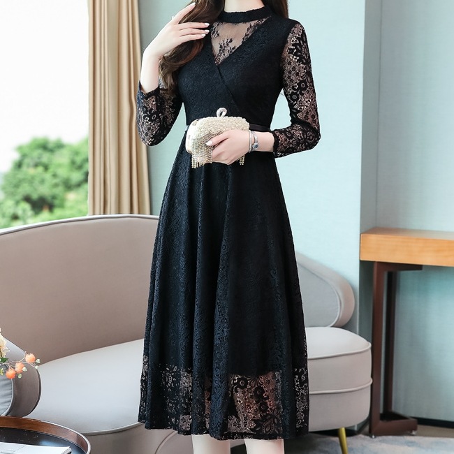 3色 ワンピース 長袖 春 秋 きれいめ Aライン ワンピドレス フレア