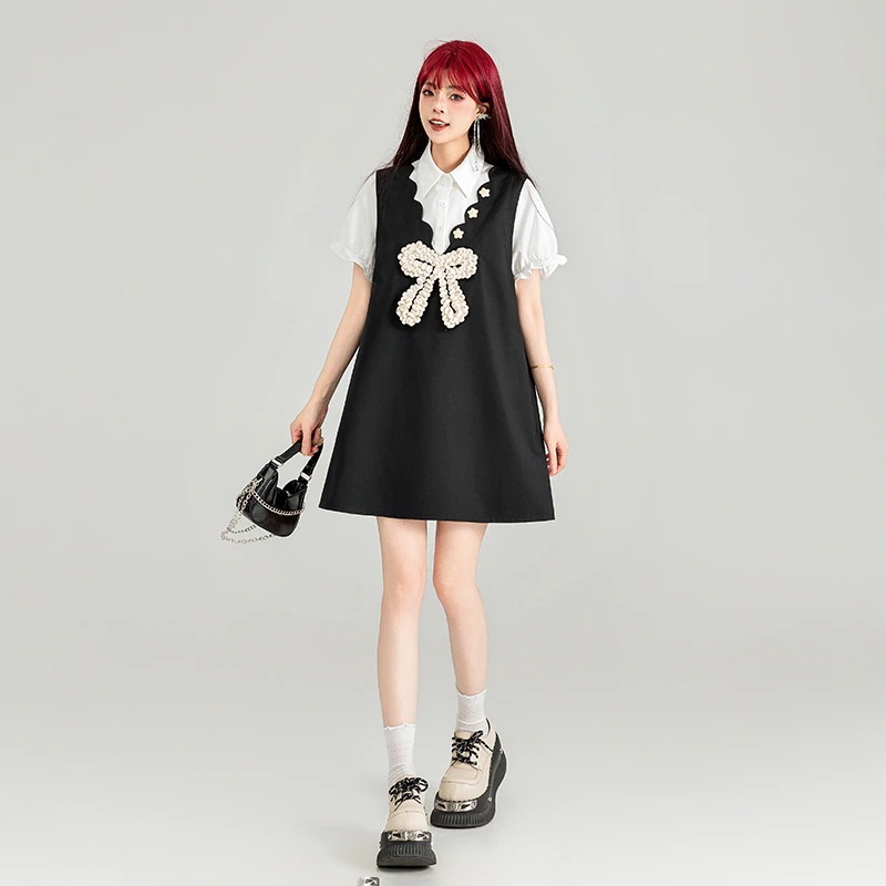 【高品質です】ガーリーフェイクツーピースドレス 24 サマースイートガールスタイル 肉感カバー＆着痩せaラインスカート リトルブラックスカート