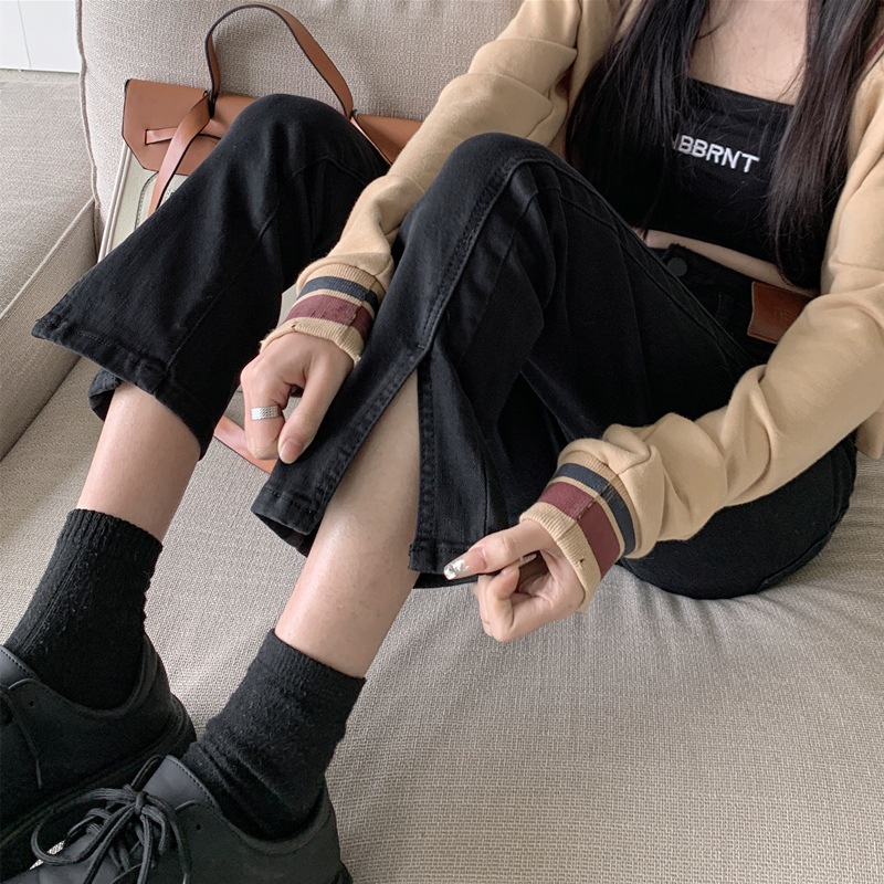 ブラックストレートジーンズ女性春新作ハイウエストルーズ薄l型9点小人春