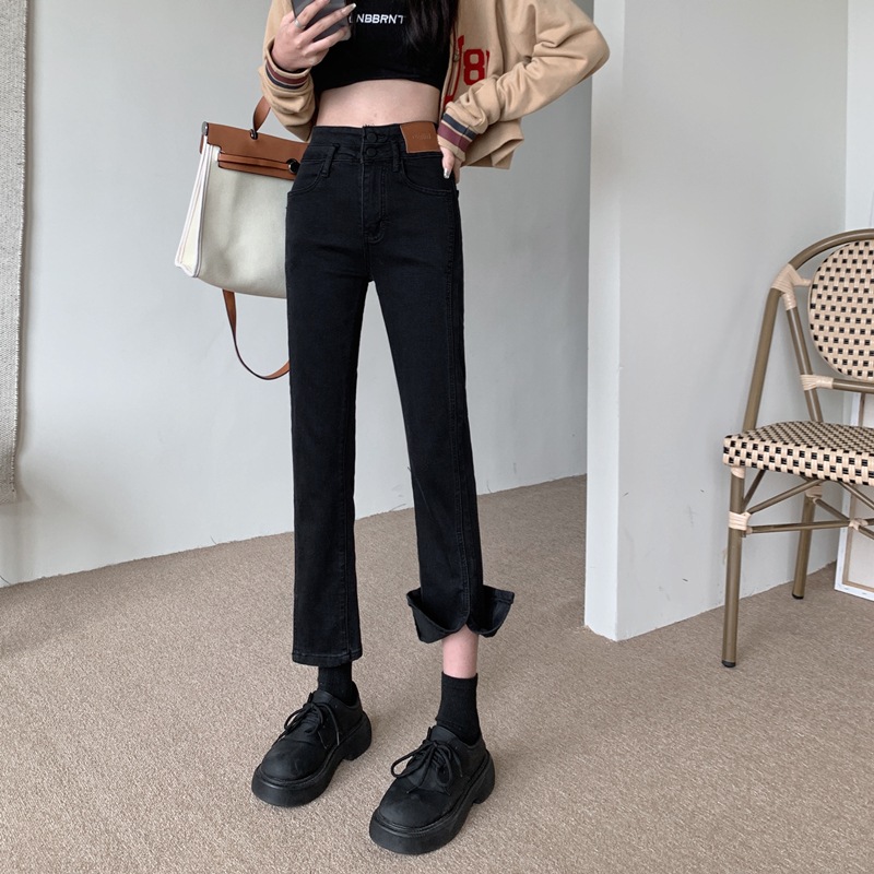 ブラックストレートジーンズ女性春新作ハイウエストルーズ薄l型9点小人春