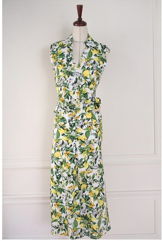 Vネック ワンピース サマードレス ハイウエスト ロング丈 フレア ミモレ丈 ノースリーブ レモン柄 フルーツ フラワー 花柄 さわやか かわいい 大人可愛い きれいめ シンプル カジュアル lone