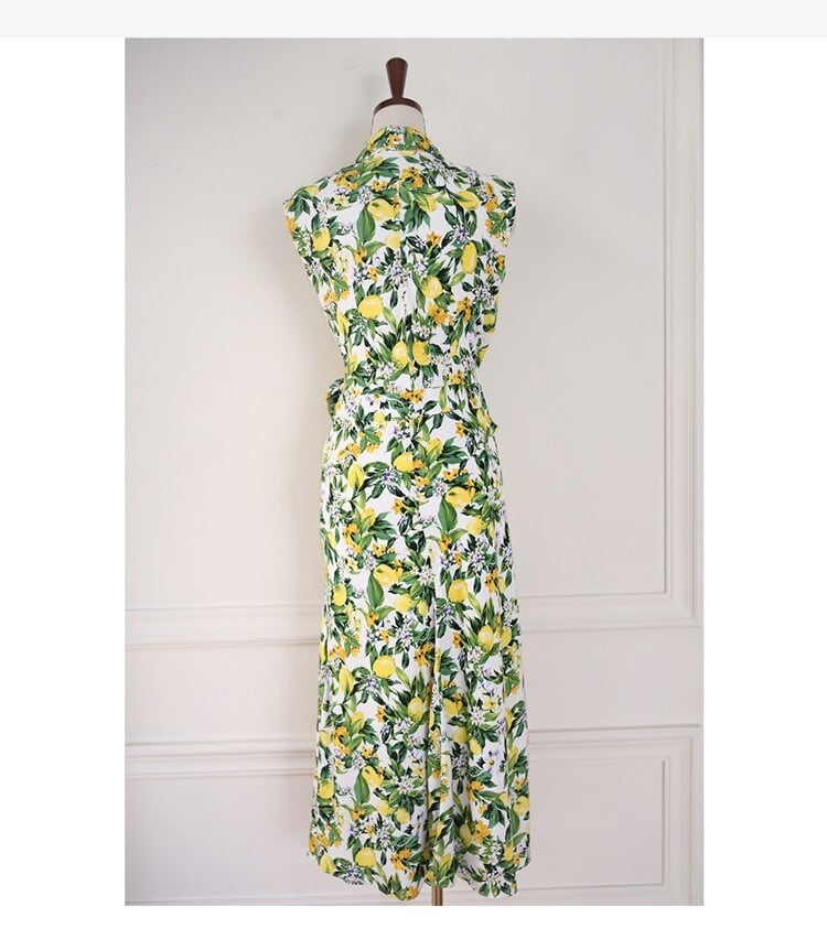Vネック ワンピース サマードレス ハイウエスト ロング丈 フレア ミモレ丈 ノースリーブ レモン柄 フルーツ フラワー 花柄 さわやか かわいい 大人可愛い きれいめ シンプル カジュアル lone