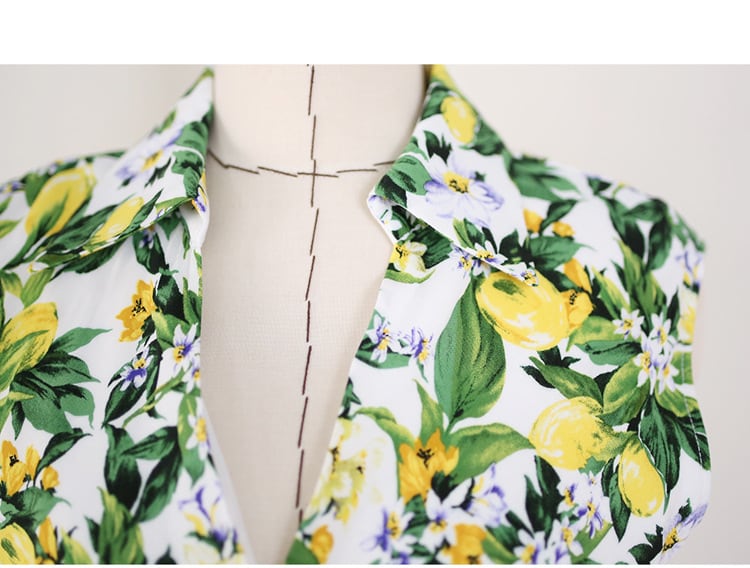 Vネック ワンピース サマードレス ハイウエスト ロング丈 フレア ミモレ丈 ノースリーブ レモン柄 フルーツ フラワー 花柄 さわやか かわいい 大人可愛い きれいめ シンプル カジュアル lone