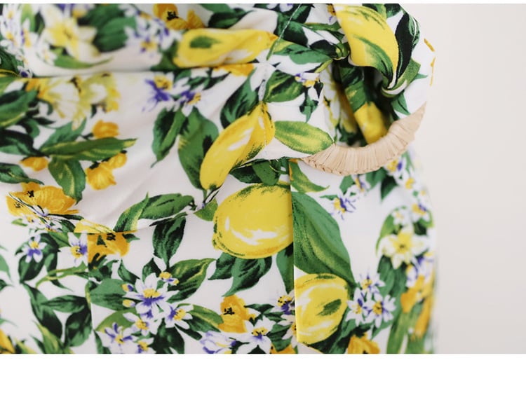 Vネック ワンピース サマードレス ハイウエスト ロング丈 フレア ミモレ丈 ノースリーブ レモン柄 フルーツ フラワー 花柄 さわやか かわいい 大人可愛い きれいめ シンプル カジュアル lone