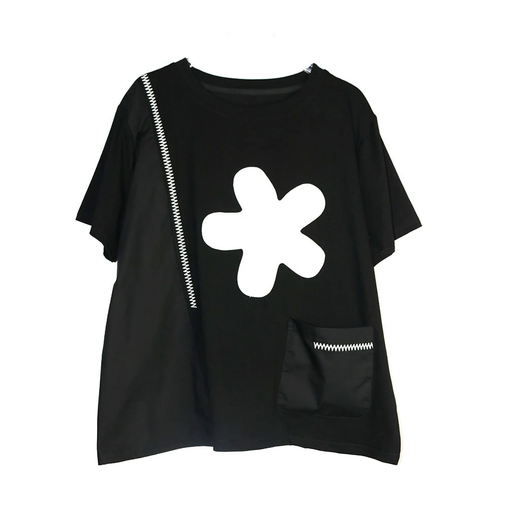 デザイン感貼り布大きな花のせラウンドネック トップスゆるい韓国半袖tシャツ夏の新品ティーシャツ