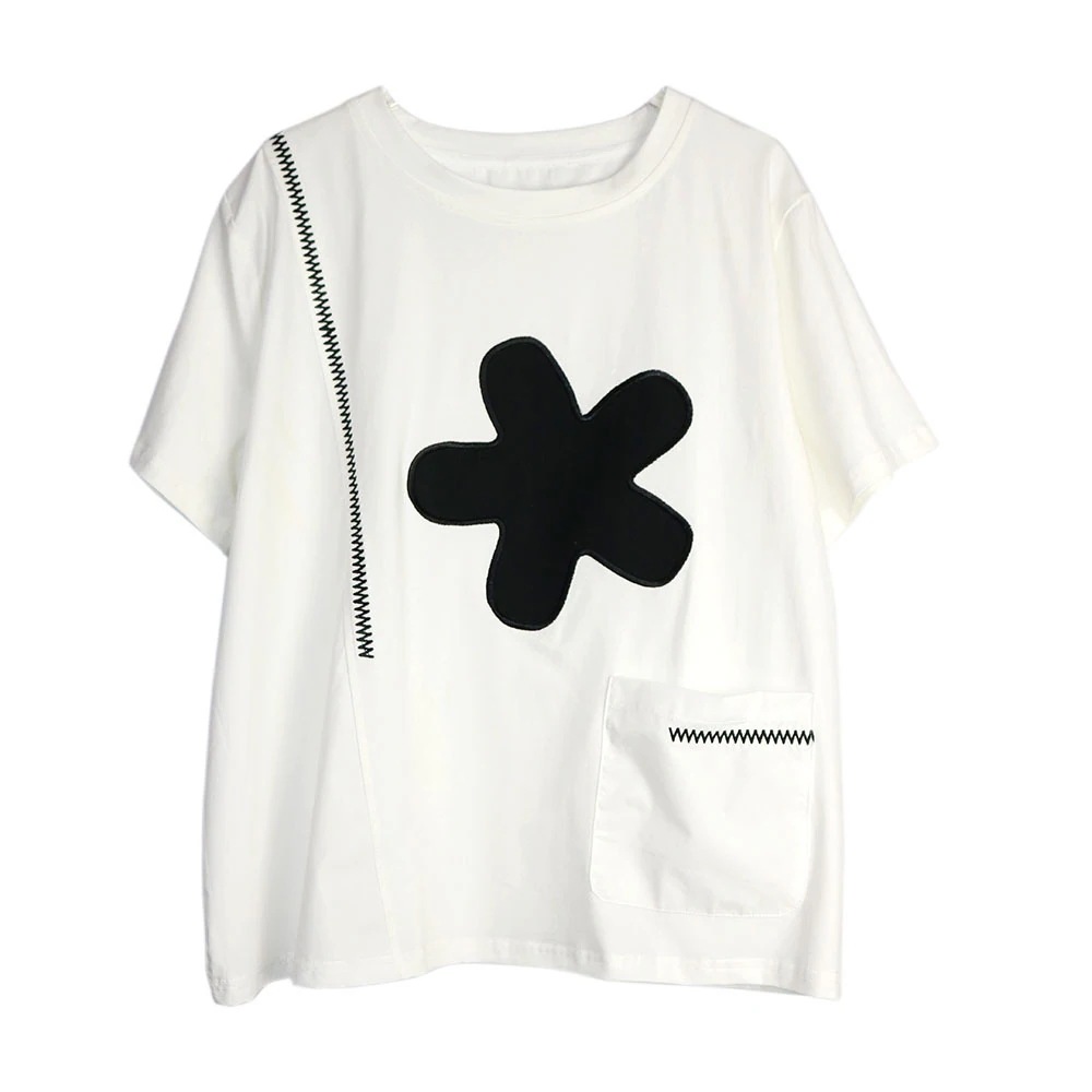 デザイン感貼り布大きな花のせラウンドネック トップスゆるい韓国半袖tシャツ夏の新品ティーシャツ