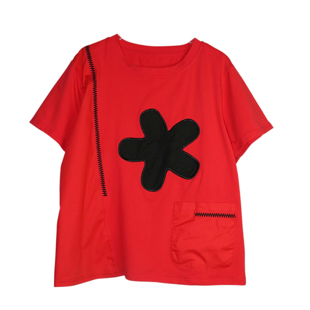 デザイン感貼り布大きな花のせラウンドネック トップスゆるい韓国半袖tシャツ夏の新品ティーシャツ