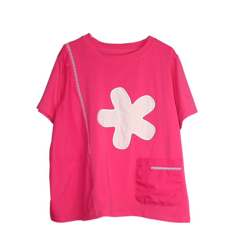 デザイン感貼り布大きな花のせラウンドネック トップスゆるい韓国半袖tシャツ夏の新品ティーシャツ